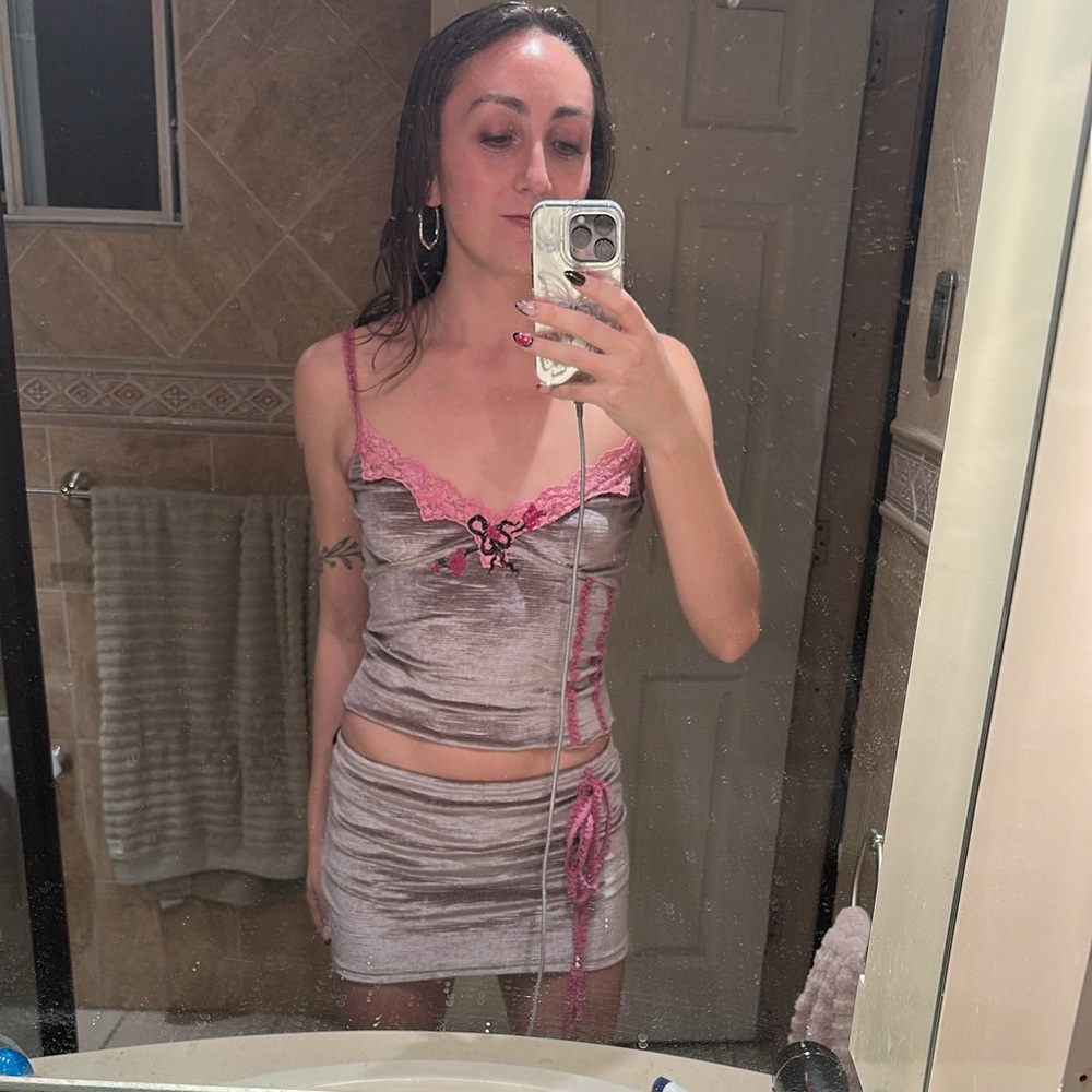 Gang Young Pink and Gray Mini Skirt Set